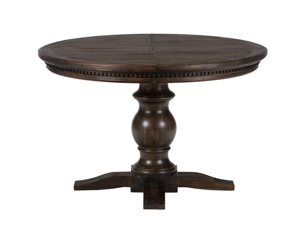Wire Brushed Round To Oval Dining Table W/ Take Out Leaf And Dentil Moulding - DINING TABLE PEDESTAL BASE