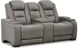 pwr rec loveseat/con/adj hdrst the man-den gray