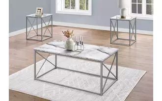Ashley  table set - 3pcs set - white marble - silver metal in 