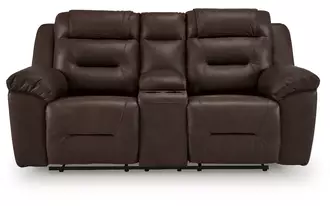 Ashley beaman peak dbl rec loveseat w/console in chocolate