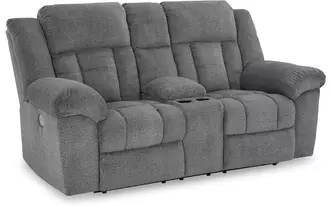 Ashley tip-off pwr rec loveseat/con/adj hdrst in slate