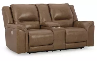 Ashley trasimeno pwr rec loveseat/con/adj hdrst in caramel