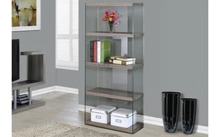 BOOKCASE - 60 H - DARK TAUPE WITH TEMPERED GLASS I3060 I3060 MONARCH SPECIALTIES