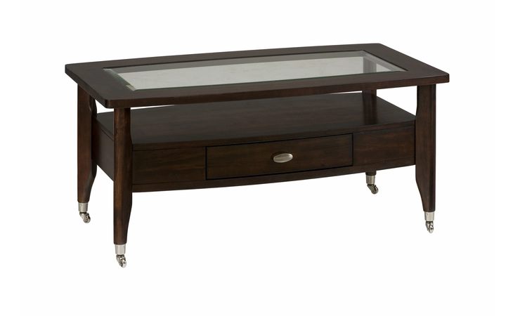 827-1 MONTEGO MERLOT FINISH RECTANGLE COFFEE TABLE W PULL-THRU DRAWER - CASTERED