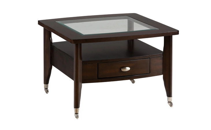827-2 MONTEGO MERLOT FINISH SQUARE COFFEE TABLE W PULL-THRU DRAWER - CASTERED