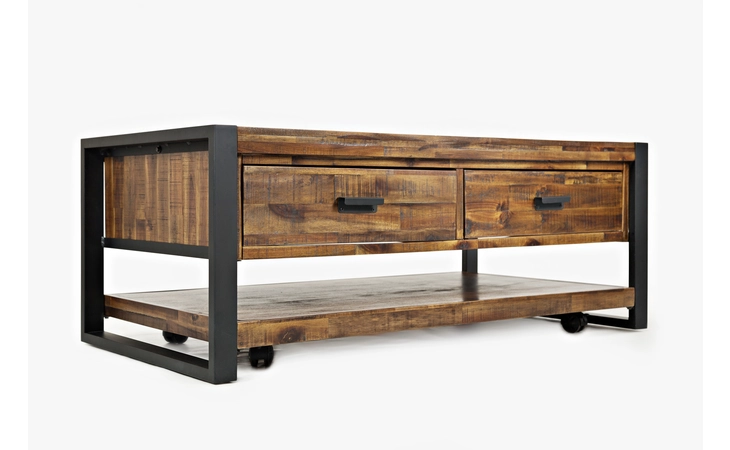 1690-5 LOFTWORKS COLLECTION COFFEE TABLE W/2 PULL THRU DRAWERS, SHELF - CASTERED LOFTWORKS COLLECTION