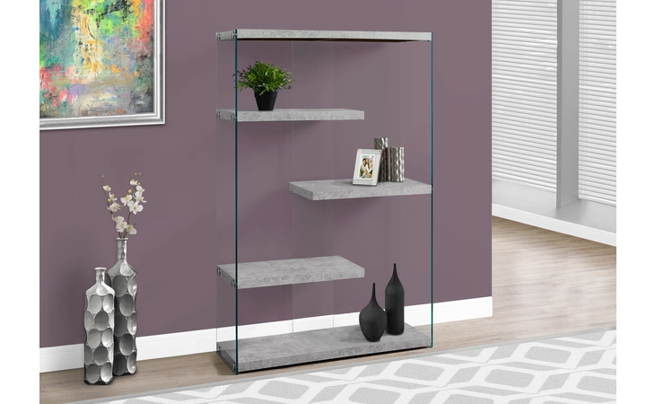 I3234 BOOKCASE - 60 H - GREY CEMENT WITH TEMPERED GLASS MONARCH SPECIALTIES  I3234