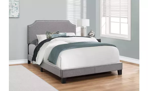 bed - full size - grey linen with chrome trim by monarch specialties
