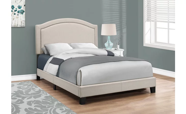 I5937F  BED - FULL SIZE - BEIGE LINEN WITH ANTIQUE BRASS TRIM