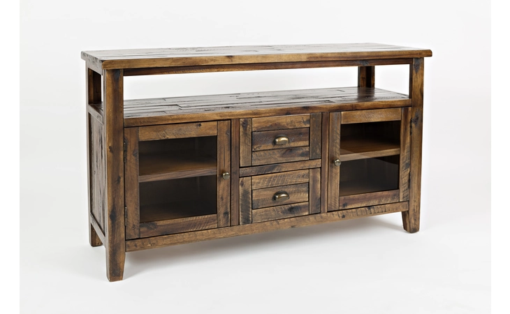 1742-54 ARTISAN'S CRAFT COLLECTION STORAGE CONSOLE W/2 GLASS DOORS, 2 SHELVES, OPEN STORAGE ARTISAN'S CRAFT COLLECTION
