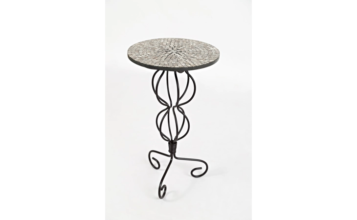 1730-61 HANDCRAFTED BY ARTISANS FROM AROUND THE WORLD IRON PEDESTAL TABLE W GLASS MOSAIC INLAY OVER PRESSED TIN