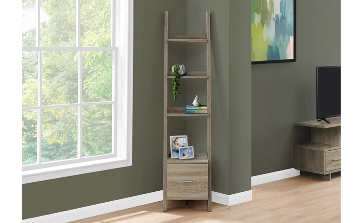 I2766  BOOKCASE - 69 H - DARK TAUPE CORNER ETAGERE W- DRAWER