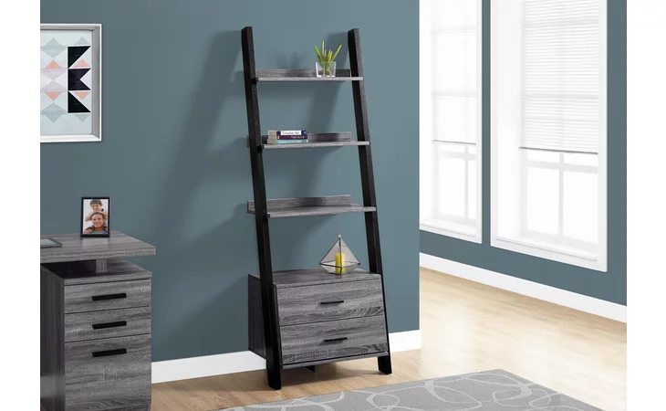 I2755  BOOKCASE - 69 H - GREY-BLACK LADDER WITH 2 STORAGE DRAWER