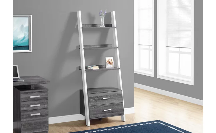 I2756  BOOKCASE - 69 H - GREY-WHITE LADDER WITH 2 STORAGE DRAWER