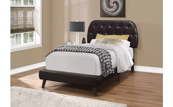 bed - twin size - brown leather-look with wood legs by monarch specialties