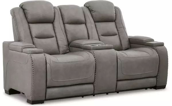 the man-den gray pwr rec loveseat/con/adj hdrst by ashley