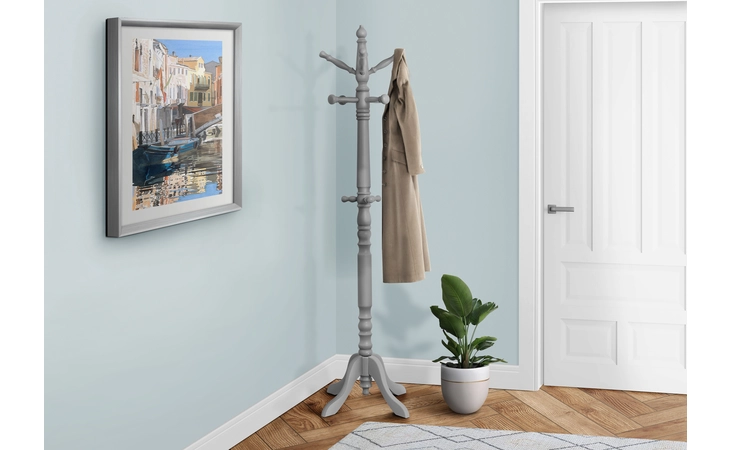 I3179  COAT RACK - 73 H - GREY WOOD TRADITIONAL STYLE