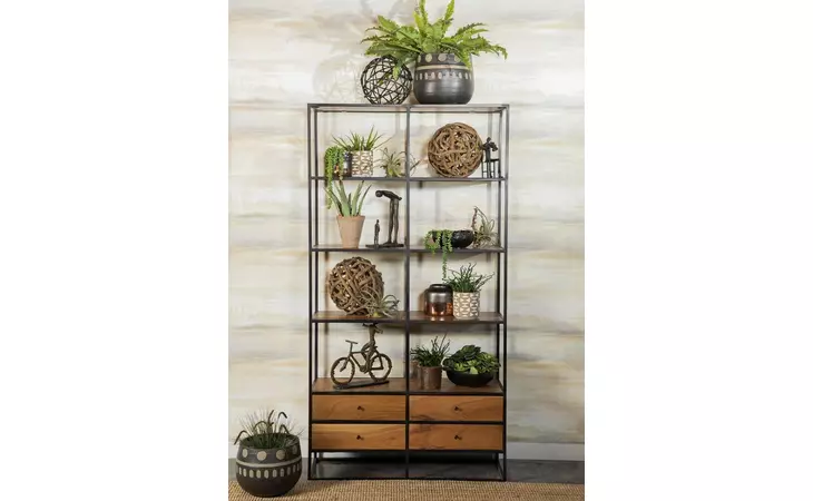 980056  BELCROFT 4-DRAWER ETAGERE NATURAL ACACIA AND BLACK