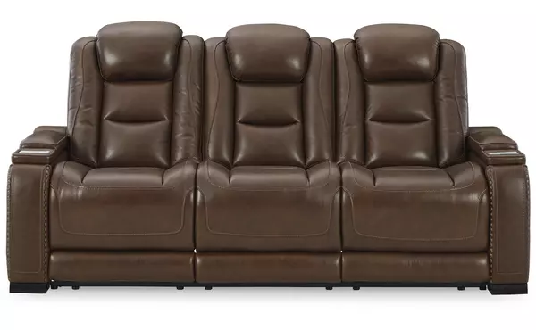 the man-den mahogany pwr rec sofa with adj headrest by ashley