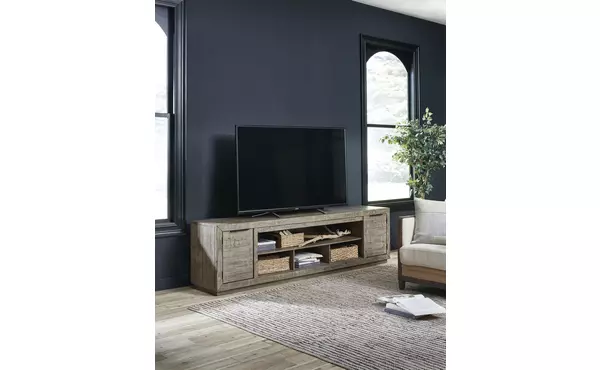 krystanza weathered gray xl tv stand w/fireplace option by ashley