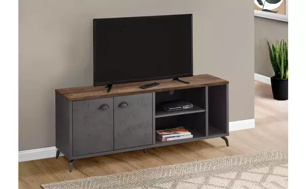 tv stand - 60 l - grey concrete - medium brown reclaimed by monarch specialties