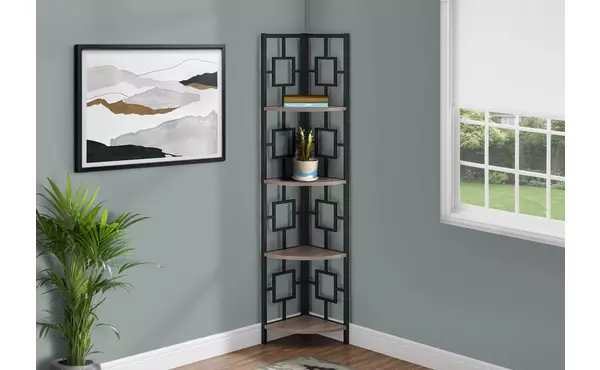 bookcase - 62 h - dark taupe - black metal corner etagere by monarch specialties