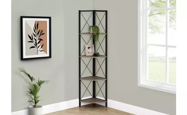 bookcase - 60 h - dark taupe - black metal corner etagere by monarch specialties