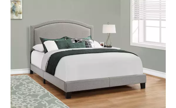 bed - queen size - grey linen with chrome trim by monarch specialties