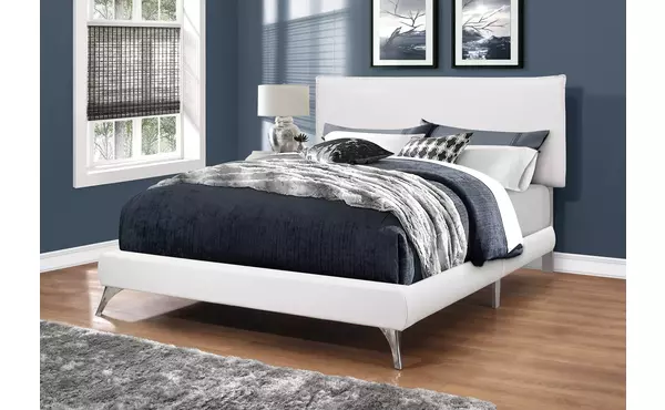 bed - queen size - white leather-look with chrome legs by monarch specialties
