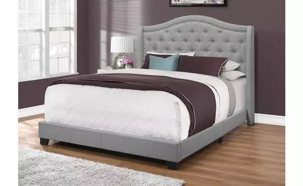 bed - queen size - grey linen with chrome trim by monarch specialties