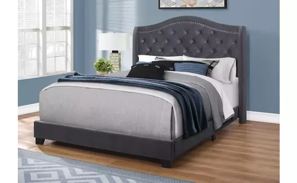 bed - queen size - dark grey velvet with chrome trim by monarch specialties