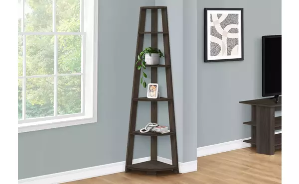 bookcase - 72 h - brown oak corner accent etagere by monarch specialties