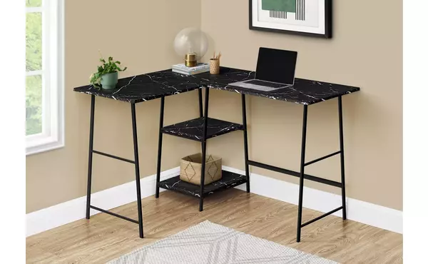 computer desk - 48 l - black marble - black metal corner by monarch specialties