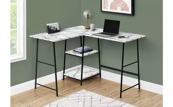 computer desk - 48 l - white marble - black metal corner by monarch specialties