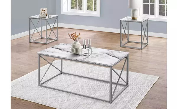 table set - 3pcs set - white marble - silver metal by monarch specialties