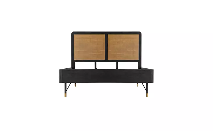 LCSRBDBLQN  SARATOGA QUEEN PLATFORM FRAME BED IN BLACK ACACIA WITH RATTAN HEADBOARD