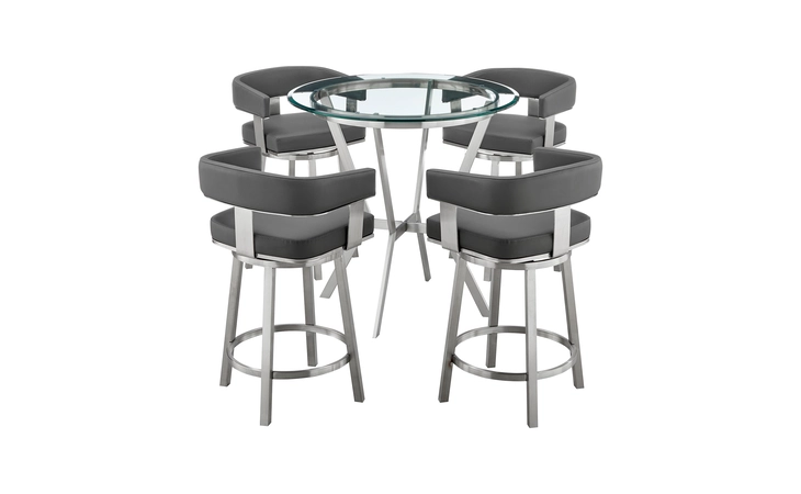 SETNMLRGRBS5  NAOMI AND LORIN 5-PIECE COUNTER HEIGHT DINING SET IN BRUSHED STAINLESS STEEL AND GRAY FAUX LEATHER