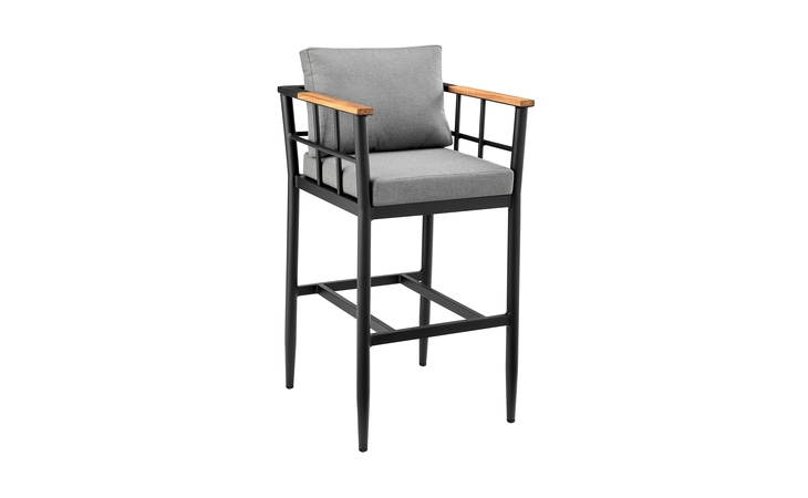 LCOOBLGR26  ORLANDO OUTDOOR PATIO COUNTER HEIGHT BAR STOOL IN ALUMINUM AND TEAK WITH GRAY CUSHIONS