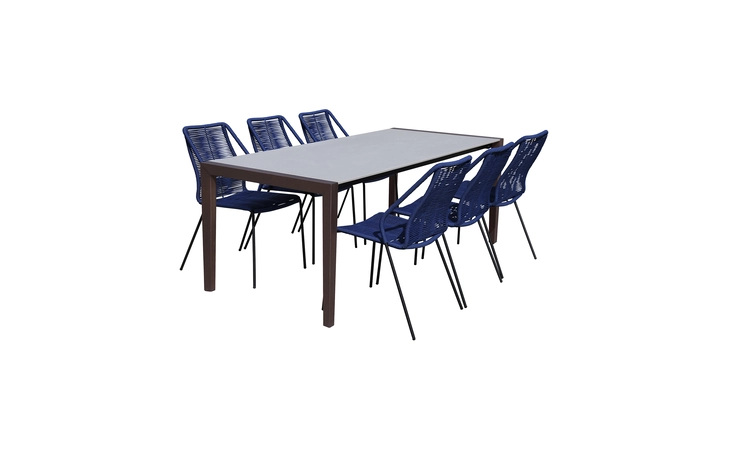 SETFLDIDK7CPBLU  FINELINE AND CLIP INDOOR OUTDOOR 7 PIECE DINING SET IN DARK EUCALYPTUS WOOD WITH SUPERSTONE AND BLUE ROPE