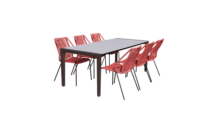 SETFLDIDK7CPBRK  FINELINE AND CLIP INDOOR OUTDOOR 7 PIECE DINING SET IN DARK EUCALYPTUS WOOD WITH SUPERSTONE AND BRICK RED ROPE