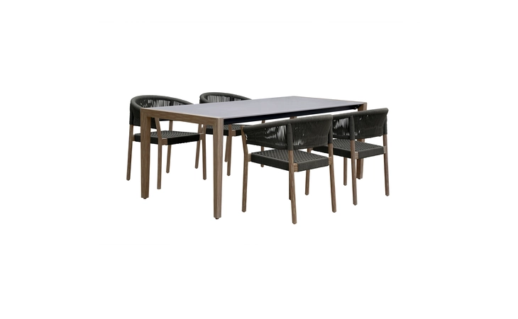 SETFLDILT5DOCH  FINELINE AND DORIS INDOOR OUTDOOR 5 PIECE DINING SET IN LIGHT EUCALYPTUS WOOD WITH SUPERSTONE WITH CHARCOAL ROPE