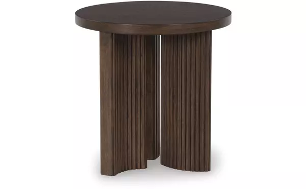 korestone dark brown round end table by ashley