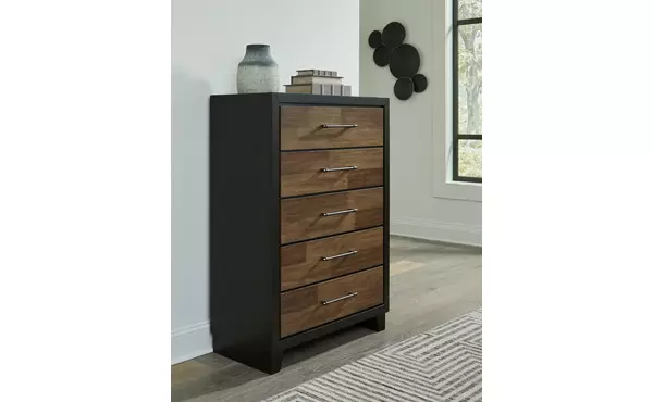kraeburn brown/black five drawer chest by ashley
