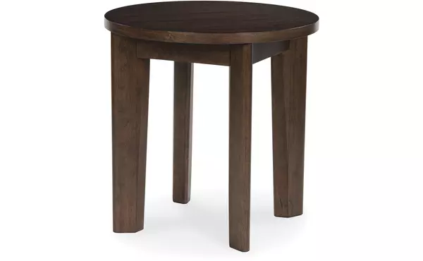 korestone 2 dark brown round end table by ashley