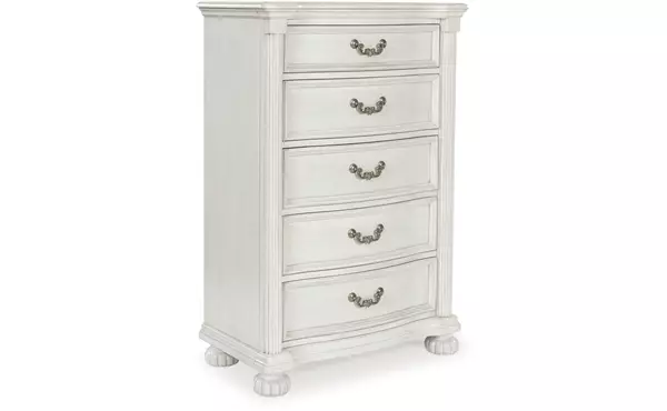 montelaine antique white five drawer chest by ashley