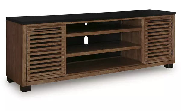kallari warm brown/black xl tv stand w/fireplace option by ashley