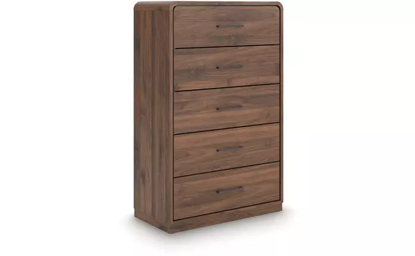 fortlorn walnut brown five drawer chest by ashley
