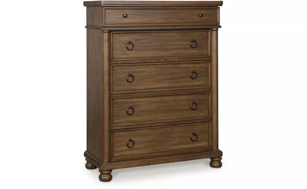 rowlenstown brown five drawer chest by ashley