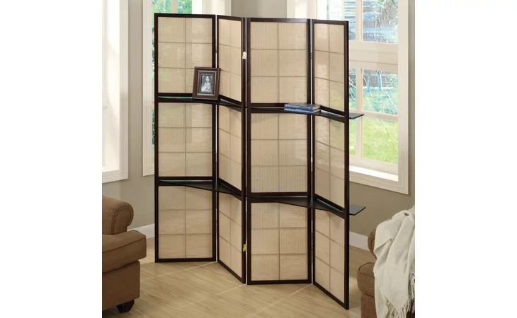 I4624  FOLDING SCREEN - 4 PANEL - ESPRESSO - 2 DISPLAY SHELVES