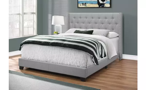 bed - queen size - grey linen with chrome trim by monarch specialties